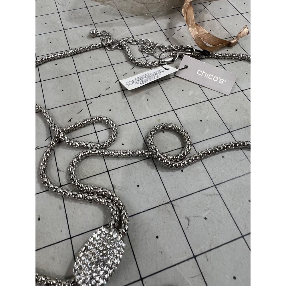 Chico's Silver-Tone Crystal Drop Lariat Necklace Adjustable Lobster Clasp NEW - Picture 2 of 7